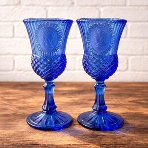 Avon Fostoria Cobalt Blue Candle Holders Pair Diamond Point Cameo Goblets 1976